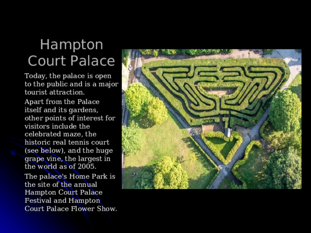 Hampton Court Palace Today, the palace is open to the public and is a major tourist attraction . Apart from the Palace itself and its gardens, other points of interest for visitors include the celebrated maze, the historic real tennis court (see below), and the huge grape vine, the largest in the world as of 2005. The palace's Home Park is the site of the annual Hampton Court Palace Festival and Hampton Court Palace Flower Show. 