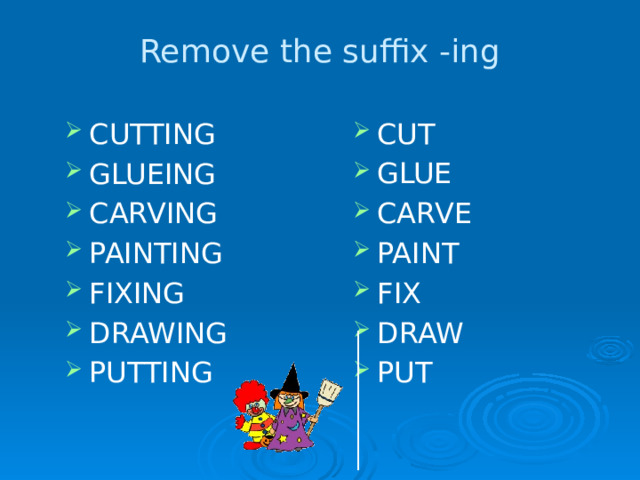 Remove the suffix -ing CUT GLUE CARVE PAINT FIX DRAW PUT CUTTING GLUEING CARVING PAINTING FIXING DRAWING PUTTING 