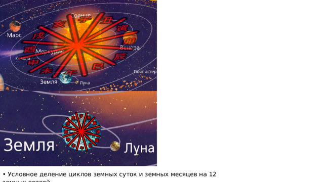 • Условное деление циклов земных суток и земных месяцев на 12 земных ветвей 