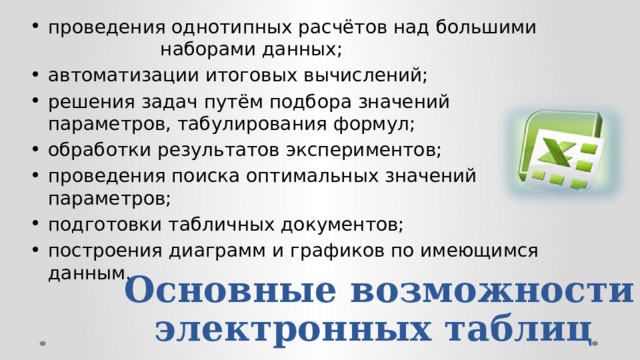 проведения однотипных расчётов над большими наборами данных; автоматизации итоговых вычислений; решения задач путём подбора значений параметров, табулирования формул; обработки результатов экспериментов; проведения поиска оптимальных значений параметров; подготовки табличных документов; построения диаграмм и графиков по имеющимся данным. Основные возможности электронных таблиц 