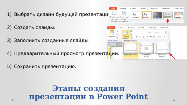 Выбрать дизайн будущей презентации. Создать слайды. Заполнить созданные слайды. Предварительный просмотр презентации. Сохранить презентацию. Этапы создания презентации в Power Point 