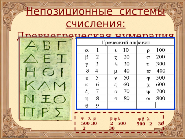 Непозиционные системы счисления:  Древнегреческая нумерация                 500 30 2  2 500 30 500 2 30