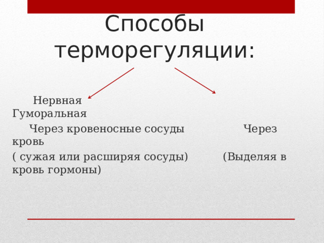 Способы терморегуляции:  Нервная Гуморальная  Через кровеносные сосуды Через кровь ( сужая или расширяя сосуды) (Выделяя в кровь гормоны) 