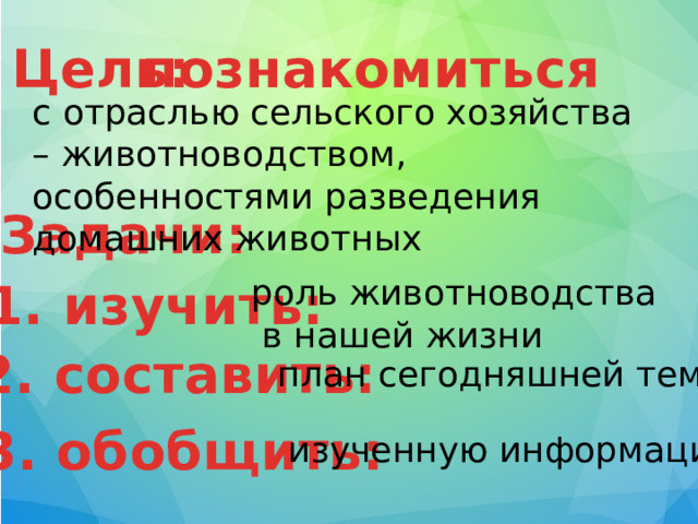 Цель: познакомиться с отраслью сельского хозяйства – животноводством, особенностями разведения домашних животных Задачи: роль животноводства  в нашей жизни 1. изучить: 2. составить: план сегодняшней темы 3. обобщить: изученную информацию