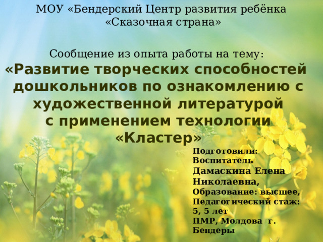 МОУ «Бендерский Центр развития ребёнка «Сказочная страна» Сообщение из опыта работы на тему: «Развитие творческих способностей дошкольников по ознакомлению с художественной литературой с применением технологии «Кластер» Подготовили: Воспитатель Дамаскина Елена Николаевна, Образование: высшее, Педагогический стаж: 5, 5 лет ПМР, Молдова г. Бендеры  