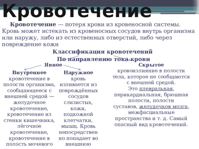 Кровотечение Кровотечение  — потеря крови из кровеносной системы. Кровь может истекать из кровеносных сосудов внутрь организма или наружу, либо из естественных отверстий, либо через повреждение кожи Классификация кровотечений По направлению тока крови Явное Скрытое  кровоизлияние в полости тела, которое не сообщаются с внешней средой. Это  плевральная , перикардиальная, брюшная полости, полости суставов,  желудочков мозга , межфасциальные пространства и т. д. Самый опасный вид кровотечений. Внутреннее Наружное кровотечение в полости организма, сообщающееся с внешней средой — желудочное кровотечение, кровотечение из стенки кишечника, лёгочное кровотечение, кровотечение в полость мочевого пузыря кровь изливается из повреждённых сосудов слизистых, кожи, подкожной клетчатки, мышц. Кровь непосредственно попадает во внешнюю среду 