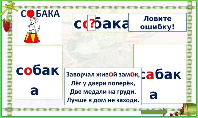 а о с о бака Ловите ошибку! ?  с а бака   с о бака  Выбрать правильный вариант написания. Кликнуть по букве «О» Кликнуть по вопросительному знаку. Найти карточку с ошибкой. ***На слова, буквы и знак вопроса настроены триггеры.