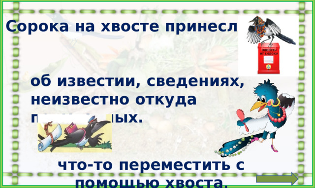 Сорока на хвосте принесла -  об известии, сведениях, неизвестно откуда полученных. Задание: выбрать окончание фразеологизма. что-то переместить с помощью хвоста .