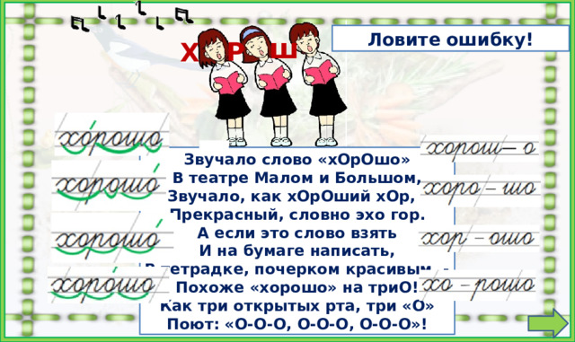 Р   Ловите ошибку! ш Х Звучало слово «хОрОшо» В театре Малом и Большом, Звучало, как хОрОший хОр, - Прекрасный, словно эхо гор. А если это слово взять И на бумаге написать, В тетрадке, почерком красивым, - Похоже «хорошо» на триО! Как три открытых рта, три «О» Поют: «О-О-О, О-О-О, О-О-О»! 1. Найти ошибки в переносе слова. 2. Найти ошибки в делении слова по слогам и постановке ударения. Кликать на карточки можно в любом порядке. На слова настроены триггеры.