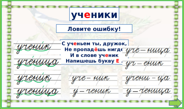 уч е ники  Ловите ошибку! С уч е ньем ты, дружок, Не пропад ё шь нигде И в слове уч е ник Напишешь букву Е . 1. Найти ошибки в переносе слова. 2. Найти ошибки в делении слова по слогам и постановке ударения. Кликать на карточки можно в любом порядке. На слова настроены триггеры.