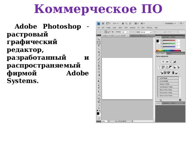 Коммерческое ПО Adobe Photoshop  растровый графический редактор, разработанный и распространяемый фирмой Adobe Systems. 