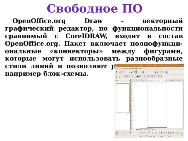 Свободное ПО OpenOffice.org Draw  векторный графический редактор, по функциональности сравнимый с CorelDRAW, входит в состав OpenOffice.org. Пакет включает полнофункци-ональные «коннекторы» между фигурами, которые могут использовать разнообразные стили линий и позволяют рисовать чертежи, например блок-схемы. 