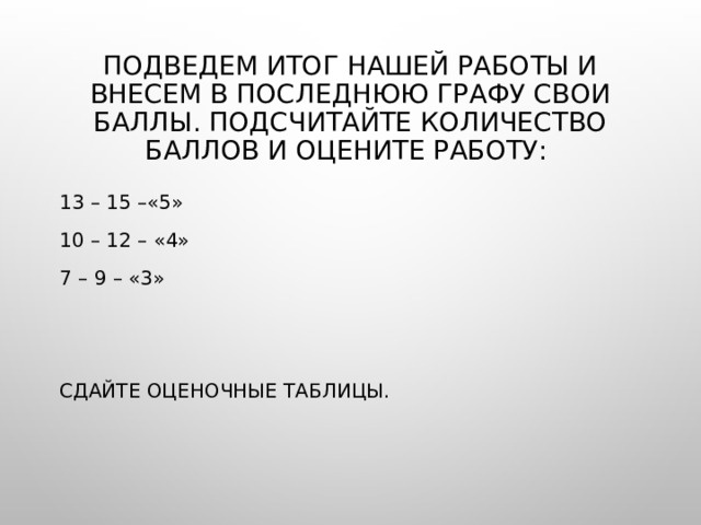 Подведем итог нашей работы и внесем в последнюю графу свои баллы. Подсчитайте количество баллов и оцените работу: 13 – 15 –«5» 10 – 12 – «4» 7 – 9 – «3» Сдайте оценочные таблицы. 