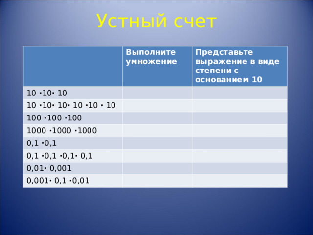 Устный счет   1010 = 10 10 10= 0,1 0,1= 0,10,10,10,1 ·  Выполните умножение 10 · 10 · 10 Представьте выражение в виде степени с основанием 10 10 · 10 · 10 · 10 · 10 · 10 100 · 100 · 100 1000 · 1000 · 1000 0,1 · 0,1 0,1 · 0,1 · 0,1 · 0,1 0,01 · 0,001 0,001 · 0,1 · 0,01 