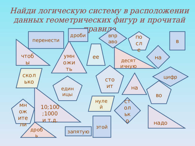 перенести Найди логическую систему в расположении данных геометрических фигур и прочитай правило вправо дроби в после чтобы умножить ее на десятичную стоит цифр сколько на единицы во 10;100;1000 и т.д. нулей столько множители надо этой дробь запятую 