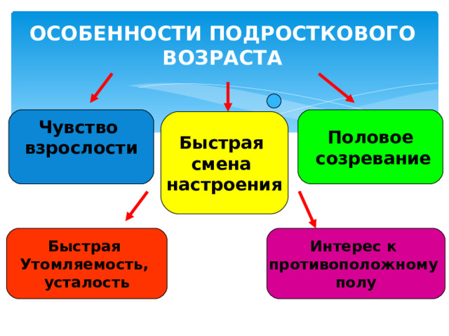 ОСОБЕННОСТИ ПОДРОСТКОВОГО ВОЗРАСТА Половое  созревание Чувство взрослости  Быстрая смена настроения Интерес к противоположному полу Быстрая Утомляемость, усталость 