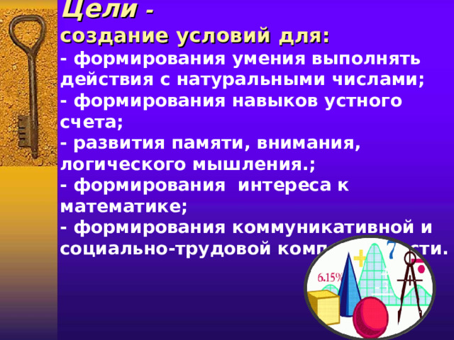 Цели -  создание условий для: - формирования умения выполнять действия с натуральными числами; - формирования навыков устного счета; - развития памяти, внимания, логического мышления.; - формирования интереса к математике; - формирования коммуникативной и социально-трудовой компетентности. 