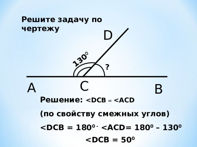 130 0 Решите задачу по чертежу D ? C A B Решение:  =  ( по свойству смежных углов )  0 -  0 – 130 0   0  21 