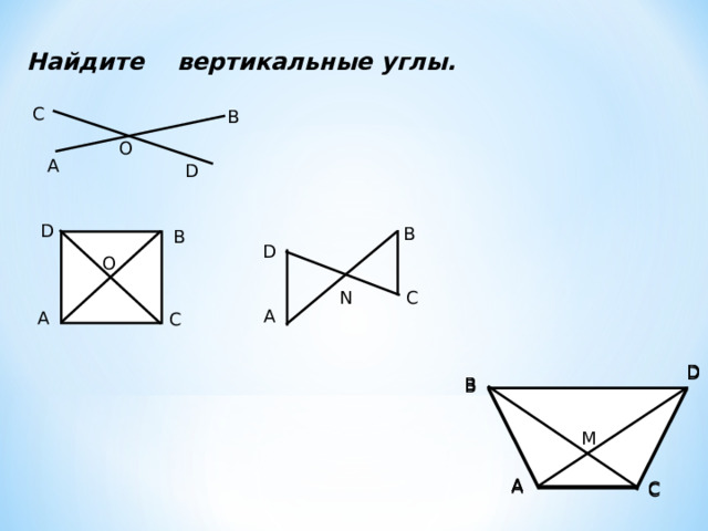 Найдите вертикальные углы. C B O А D D B B D O N С А А С D D D B B B M M M А А А С С С 23 