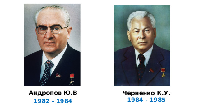 Черненко К.У. 1984 - 1985 Андропов Ю.В 1982 - 1984 