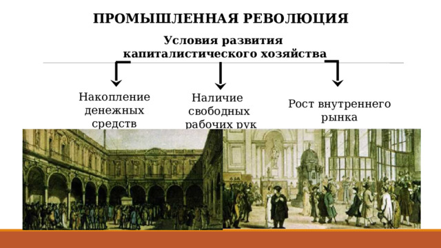 ПРОМЫШЛЕННАЯ РЕВОЛЮЦИЯ Условия развития капиталистического хозяйства Накопление денежных средств Рост внутреннего рынка Наличие свободных  рабочих рук 