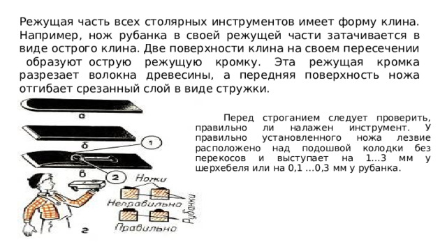 Режущая часть всех столярных инструментов имеет форму клина. Например, нож рубанка в своей режущей части затачивается в виде острого клина. Две поверхности клина на своем пересечении образуют острую режущую кромку. Эта режущая кромка разрезает волокна древесины, а передняя поверхность ножа отгибает срезанный слой в виде стружки.  Перед строганием следует проверить, правильно ли налажен инструмент. У правильно установленного ножа лезвие расположе­но над подошвой колодки без перекосов и выступает на 1...3 мм у шерхебеля или на 0,1 ...0,3 мм у рубанка. 