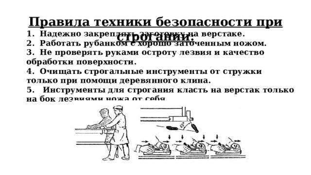 Правила техники безопасности при строгании:    1. Надежно закреплять заготовку на верстаке.  2. Работать рубанком с хорошо заточенным ножом.  3. Не проверять руками остроту лезвия и качество обработки поверхности.  4. Очищать строгальные инструменты от стружки только при помощи деревянного клина.  5. Инструменты для строгания класть на верстак только на бок лезвиями ножа от себя. 