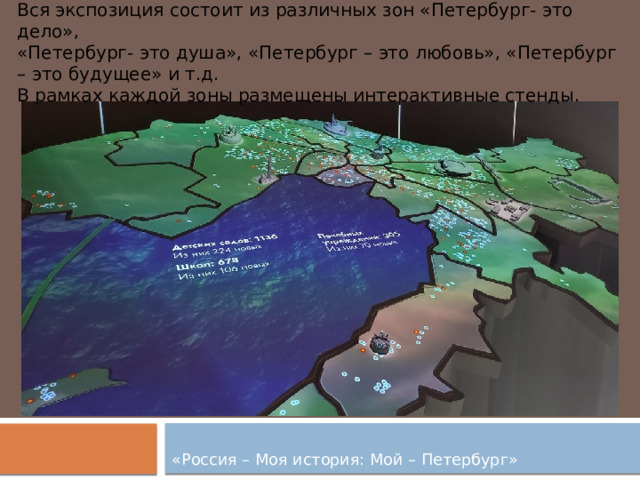 Вся экспозиция состоит из различных зон «Петербург- это дело», «Петербург- это душа», «Петербург – это любовь», «Петербург – это будущее» и т.д. В рамках каждой зоны размещены интерактивные стенды. «Россия – Моя история: Мой – Петербург» 