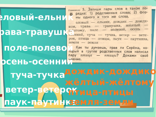 еловый-ельник трава-травушка поле-полевой осень-осенний дождик-дождиком туча-тучка жёлтый-жёлтому ветер-ветерок птица-птицы паук-паутинка земля-земли 