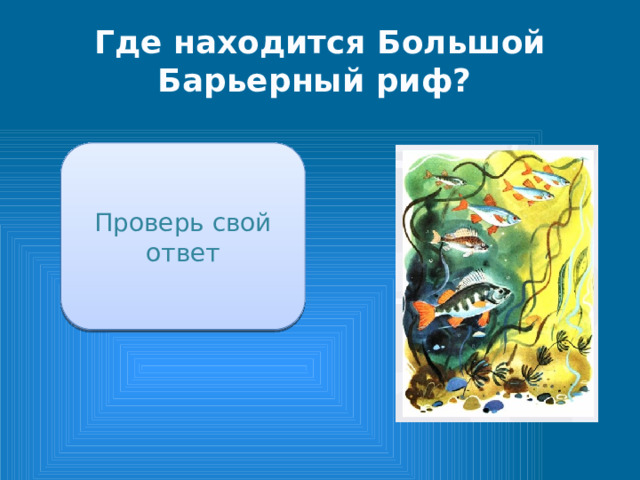 Где находится Большой Барьерный риф? Проверь свой ответ У побережья Австралии 