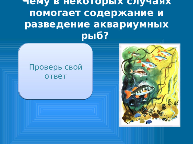 Чему в некоторых случаях помогает содержание и разведение аквариумных рыб? Проверь свой ответ Сохранить редкие их виды, вымирающие в исконных местах их обитания 