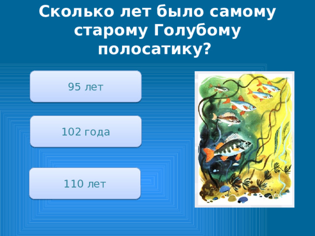 Сколько лет было самому старому Голубому полосатику? 95 лет 102 года 110 лет 