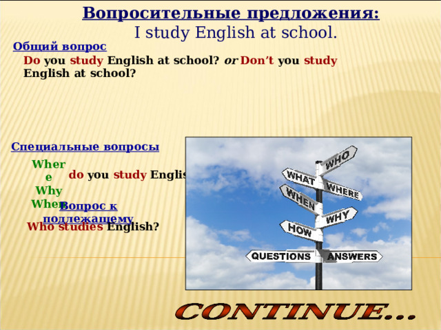 Вопросительные предложения: I study English at school. Общий вопрос Do you study English at school? or Don’t you study English at school?  Специальные вопросы Where Why When do you study English? Вопрос к подлежащему Who studies English? 