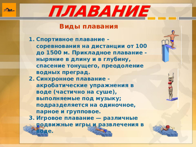 Виды плавания  Спортивное плавание - соревнования на дистанции от 100 до 1500 м. Прикладное плавание - ныряние в длину и в глубину, спасение тонущего, преодоление водных преград. Синхронное плавание - акробатические упражнения в воде (частично на суше), выполняемые под музыку; подразделяется на одиночное, парное и групповое. Игровое плавание — различные подвижные игры и развлечения в воде. 