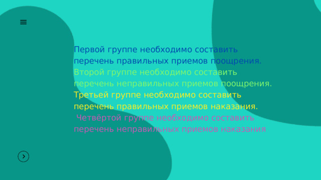 Первой группе необходимо составить перечень правильных приемов поощрения. Второй группе необходимо составить перечень неправильных приемов поощрения. Третьей группе необходимо составить перечень правильных приемов наказания.  Четвёртой группе необходимо составить перечень неправильных приемов наказания 