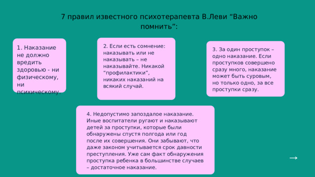 7 правил известного психотерапевта В.Леви “Важно помнить”: 2. Если есть сомнение: наказывать или не наказывать – не наказывайте. Никакой “профилактики”, никаких наказаний на всякий случай. 1. Наказание не должно вредить здоровью - ни физическому, ни психическому. 3. За один проступок – одно наказание. Если проступков совершено сразу много, наказание может быть суровым, но только одно, за все проступки сразу. 4. Недопустимо запоздалое наказание. Иные воспитатели ругают и наказывают детей за проступки, которые были обнаружены спустя полгода или год после их совершения. Они забывают, что даже законом учитывается срок давности преступления. Уже сам факт обнаружения проступка ребенка в большинстве случаев – достаточное наказание. 