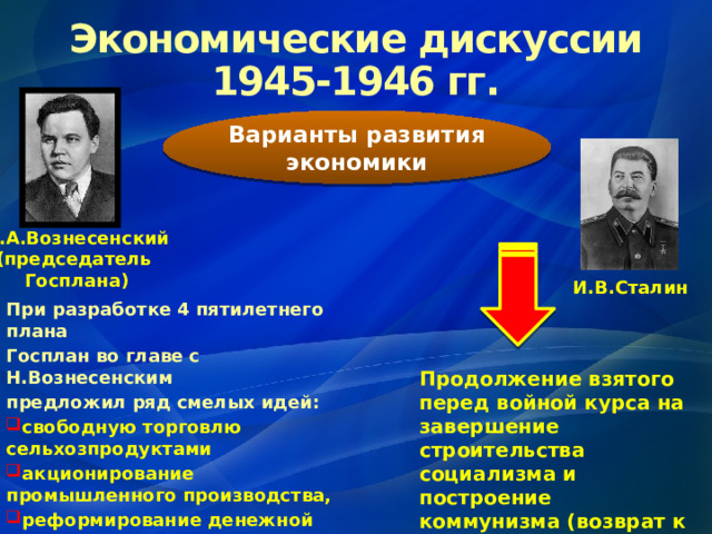 Экономические дискуссии 1945-1946 гг. Варианты развития экономики Н.А.Вознесенский (председатель Госплана) И.В.Сталин При разработке 4 пятилетнего плана Госплан во главе с Н.Вознесенским предложил ряд смелых идей: свободную торговлю сельхозпродуктами акционирование промышленного производства, реформирование денежной системы  открытие кооперативных магазинов  ликвидация части колхозов Продолжение взятого перед войной курса на завершение строительства социализма и построение коммунизма (возврат к довоенной модели экономики) 