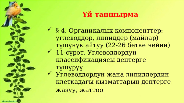 Үй тапшырма § 4. Органикалык компоненттер: углеводдор, липиддер (майлар) түшүнүк айтуу (22-26 бетке чейин) 11-сүрөт. Углеводдордун классификациясы дептерге түшүрүү Углеводдордун жана липиддердин клеткадагы кызматтарын дептерге жазуу, жаттоо   