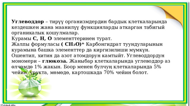 Углеводдор – тирүү организмдердин бардык клеткаларында кездешкен жана маанилүү функцияларды аткарган табигый органикалык кошулмалар. Курамы С, Н, О элементтеринен турат. Жалпы формуласы ( СН₂О)ⁿ Карбонгидрат туундуларынын курамына башка элементтер да киргизилиши мүмкүн. Ошентип, хитин да азот атомдорун камтыйт. Углеводдордун мономери – глюкоза. Жаныбар клеткаларында углеводдор аз өлчөмдө 1% жакын. Боор менен булчуң клеткаларында 5% чейин, урукта, мөмөдө, картошкада 70% чейин болот. 