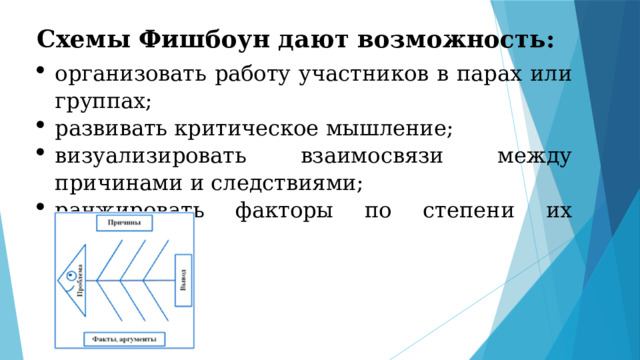 Схемы Фишбоун дают возможность: организовать работу участников в парах или группах; развивать критическое мышление; визуализировать взаимосвязи между причинами и следствиями; ранжировать факторы по степени их значимости. 