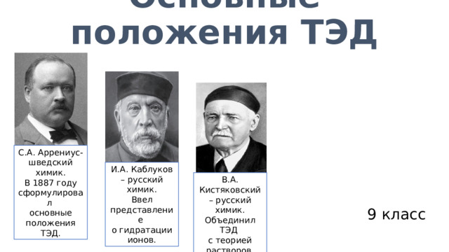 Основные положения ТЭД С.А. Аррениус- шведский химик. В 1887 году сформулировал основные положения ТЭД. И.А. Каблуков – русский химик. Ввел представление о гидратации ионов. В.А. Кистяковский – русский химик. Объединил ТЭД с теорией растворов Д.И. Менделеева. 9 класс 