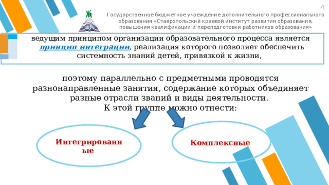 3 Государственное бюджетное учреждение дополнительного профессионального образования «Ставропольский краевой институт развития образования, повышения квалификации и переподготовки работников образования» ведущим принципом организации образовательного процесса является  принцип интеграции , реализация которого позволяет обеспечить системность знаний детей, привязкой к жизни, поэтому параллельно с предметными проводятся разнонаправленные занятия, содержание которых объединяет разные отрасли званий и виды деятельности. К этой группе можно отнести: Комплексные Интегрированные 