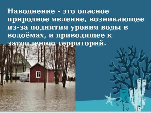 Наводнение - это опасное природное явление, возникающее из-за поднятия уровня воды в водоёмах, и приводящее к затоплению территорий. 