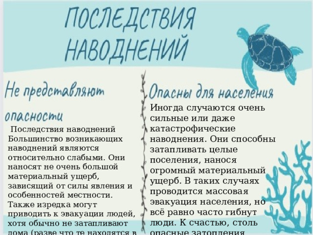 Иногда случаются очень сильные или даже катастрофические наводнения. Они способны затапливать целые поселения, нанося огромный материальный ущерб. В таких случаях проводится массовая эвакуация населения, но всё равно часто гибнут люди. К счастью, столь опасные затопления происходят довольно редко   Последствия наводнений Большинство возникающих наводнений являются относительно слабыми. Они наносят не очень большой материальный ущерб, зависящий от силы явления и особенностей местности. Также изредка могут приводить к эвакуации людей, хотя обычно не затапливают дома (разве что те находятся в понижениях рельефа). 