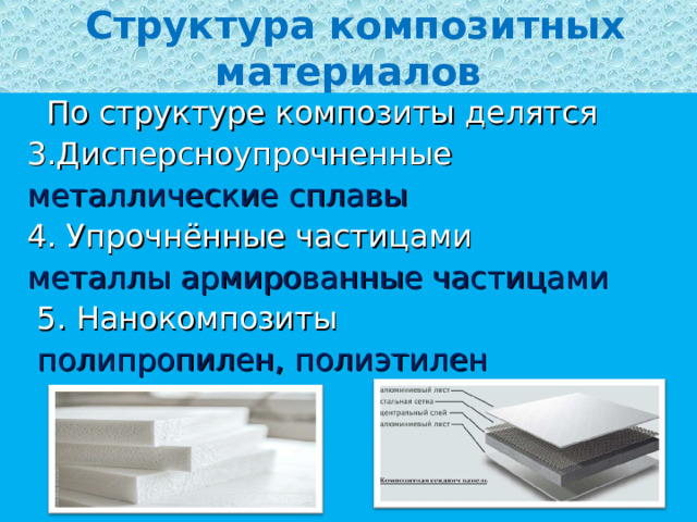  Структура композитных материалов  По структуре композиты делятся  3.Дисперсноупрочненные  металлические сплавы  4. Упрочнённые частицами  металлы армированные частицами  5. Нанокомпозиты  полипропилен, полиэтилен  