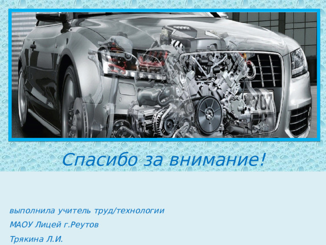        Спасибо за внимание!   выполнила учитель труд/технологии МАОУ Лицей г.Реутов Трякина Л.И. 