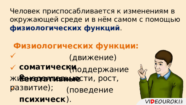 Человек приспосабливается к изменениям в окружающей среде и в нём самом с помощью физиологических функций . Физиологических функции:  соматические (движение); (поддержание  вегетативные жизнедеятельности, рост, развитие);  психические (поведение). 