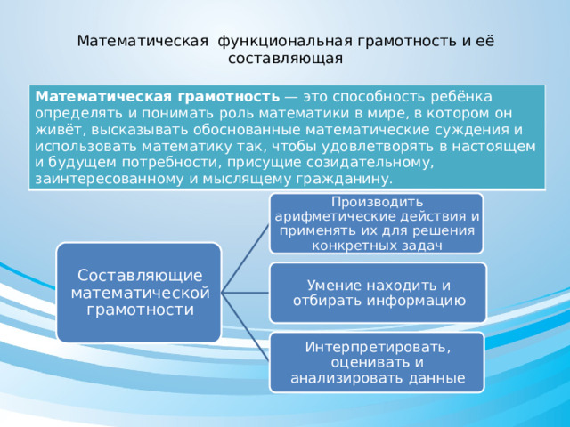  Математическая функциональная грамотность и её составляющая   Математическая грамотность  — это способность ребёнка определять и понимать роль математики в мире, в котором он живёт, высказывать обоснованные математические суждения и использовать математику так, чтобы удовлетворять в настоящем и будущем потребности, присущие созидательному, заинтересованному и мыслящему гражданину. Производить арифметические действия и применять их для решения конкретных задач Составляющие математической грамотности Умение находить и отбирать информацию Интерпретировать, оценивать и анализировать данные 