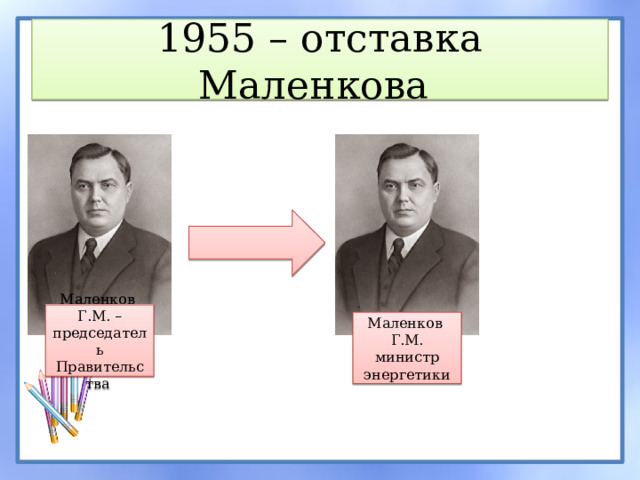 1955 – отставка Маленкова Маленков Г.М. – председатель Правительства Маленков Г.М. министр энергетики 