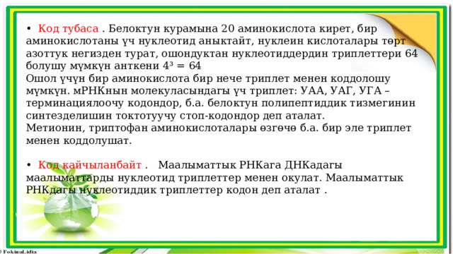 •   Код тубаса  . Белоктун курамына 20 аминокислота кирет, бир аминокислотаны үч нуклеотид аныктайт, нуклеин кислоталары төрт азоттук негизден турат, ошондуктан нуклеотиддердин триплеттери 64 болушу мүмкүн анткени 4³ = 64 Ошол үчүн бир аминокислота бир нече триплет менен коддолошу мүмкүн. мРНКнын молекуласындагы үч триплет: УАА, УАГ, УГА – терминациялоочу кодондор, б.а. белоктун полипептиддик тизмегинин синтезделишин токтотуучу стоп-кодондор деп аталат. Метионин, триптофан аминокислоталары өзгөчө б.а. бир эле триплет менен коддолушат. •   Код кайчыланбайт  .   Маалыматтык РНКага ДНКадагы маалыматтарды нуклеотид триплеттер менен окулат. Маалыматтык РНКдагы нуклеотиддик триплеттер кодон деп аталат . 